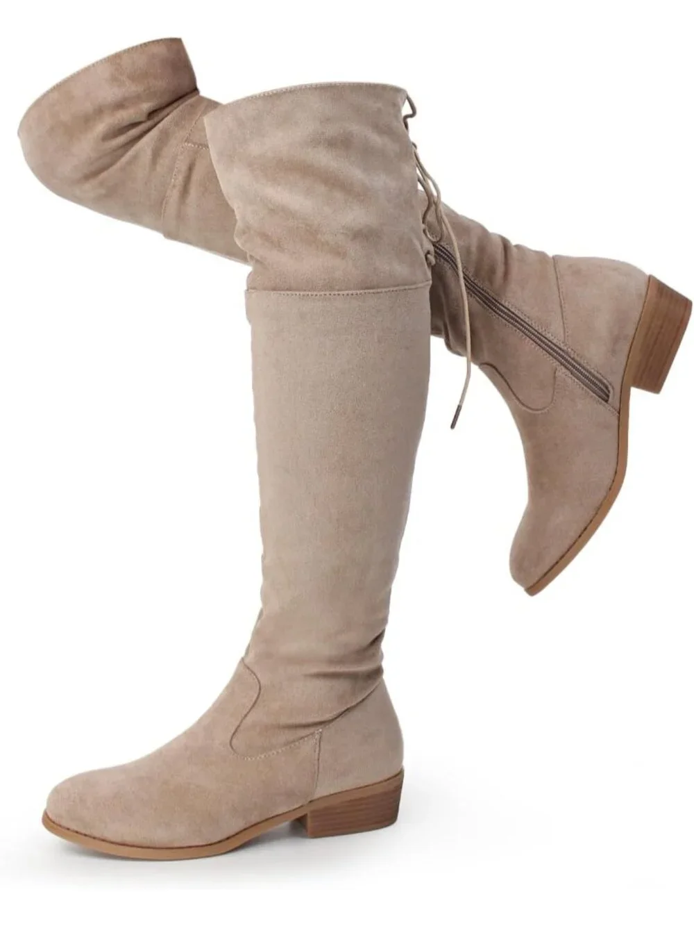 Women's Khaki Pointed Toe Faux Suede Lightweight Flat Heel Over The Knee Boots